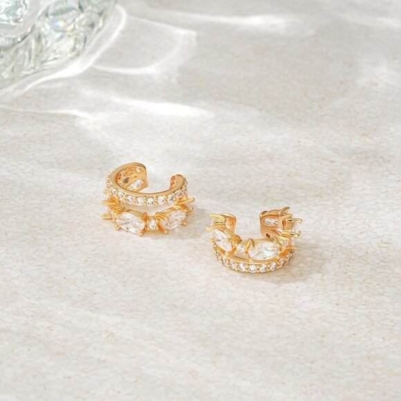 14K Gold Plated White Zircon Diamond Turquoise Cuffs Non Piercing Earrings - Picture 6 of 7